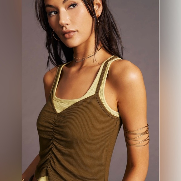 Anthropologie Ruched Layered Tank Green Brown Chocolate size M - Picture 2 of 7